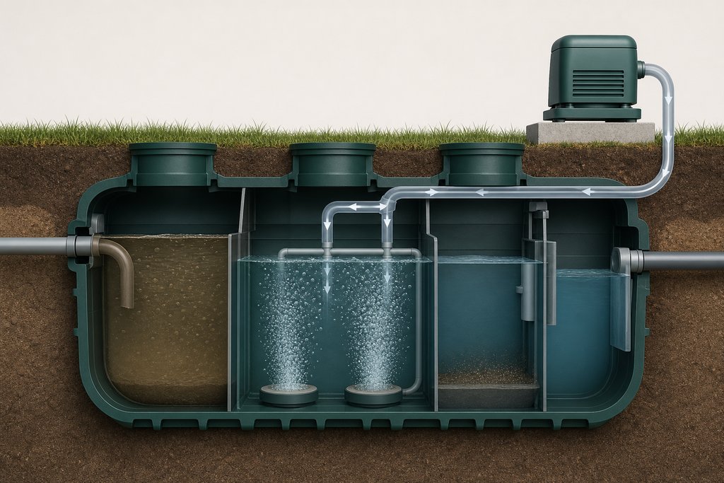Vue en coupe d'une micro-station d'épuration : le surpresseur en surface alimente les diffuseurs d'air du compartiment d'aération