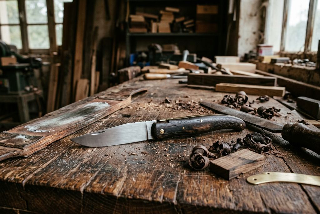 couteau pliant artisanal français à manche en bois sombre sur établi de coutelier