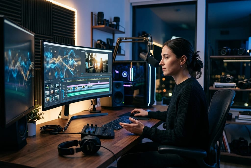 Production vid&eacute;o par IA dans un studio de montage