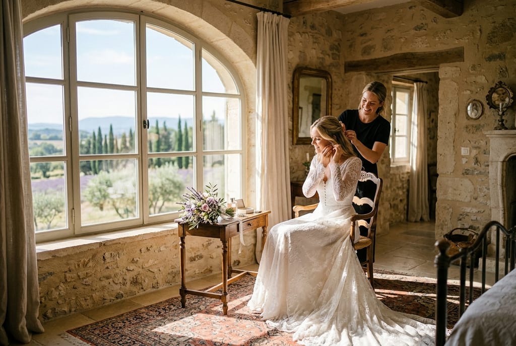 Bride at a Provence destination wedding getting ready in soft natural window light with a lit vanity mirror