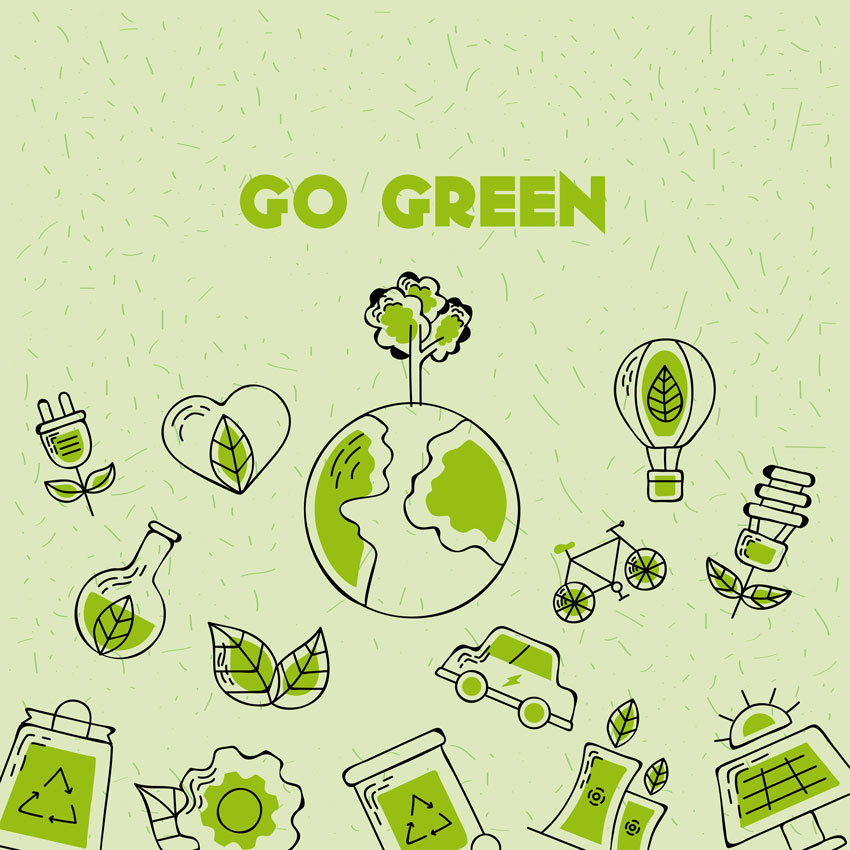 Illustration graphique stylisée avec le thème "Go Green". Elle contient plusieurs icônes et symboles associés à la durabilité et à l'écologie.
