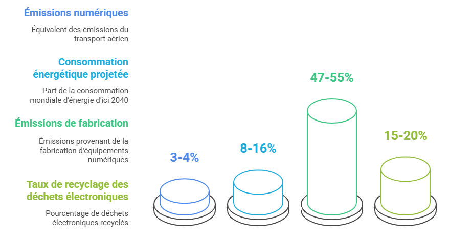 Illustration sur l'impact environnemental du numérique, montrant les émissions numériques équivalentes à celles du transport aérien, la consommation énergétique projetée pour 2040 (8-16 %), les émissions de fabrication (47-55 %) et le taux de recyclage des déchets électroniques (15-20 %).