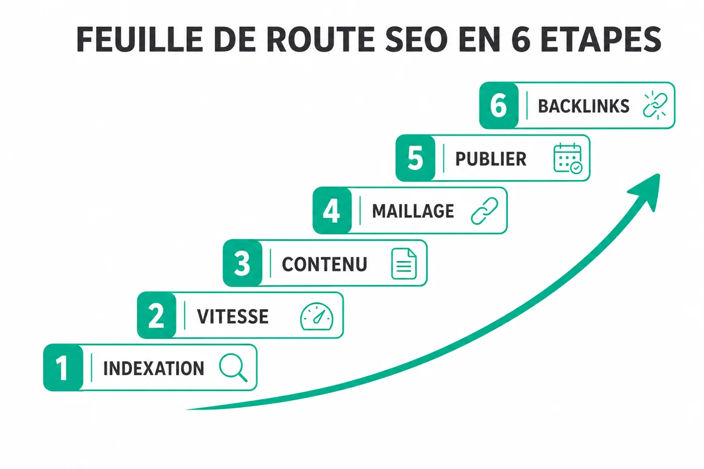 Feuille de route SEO en 6 étapes : indexation, vitesse, contenu, maillage, publier, backlinks