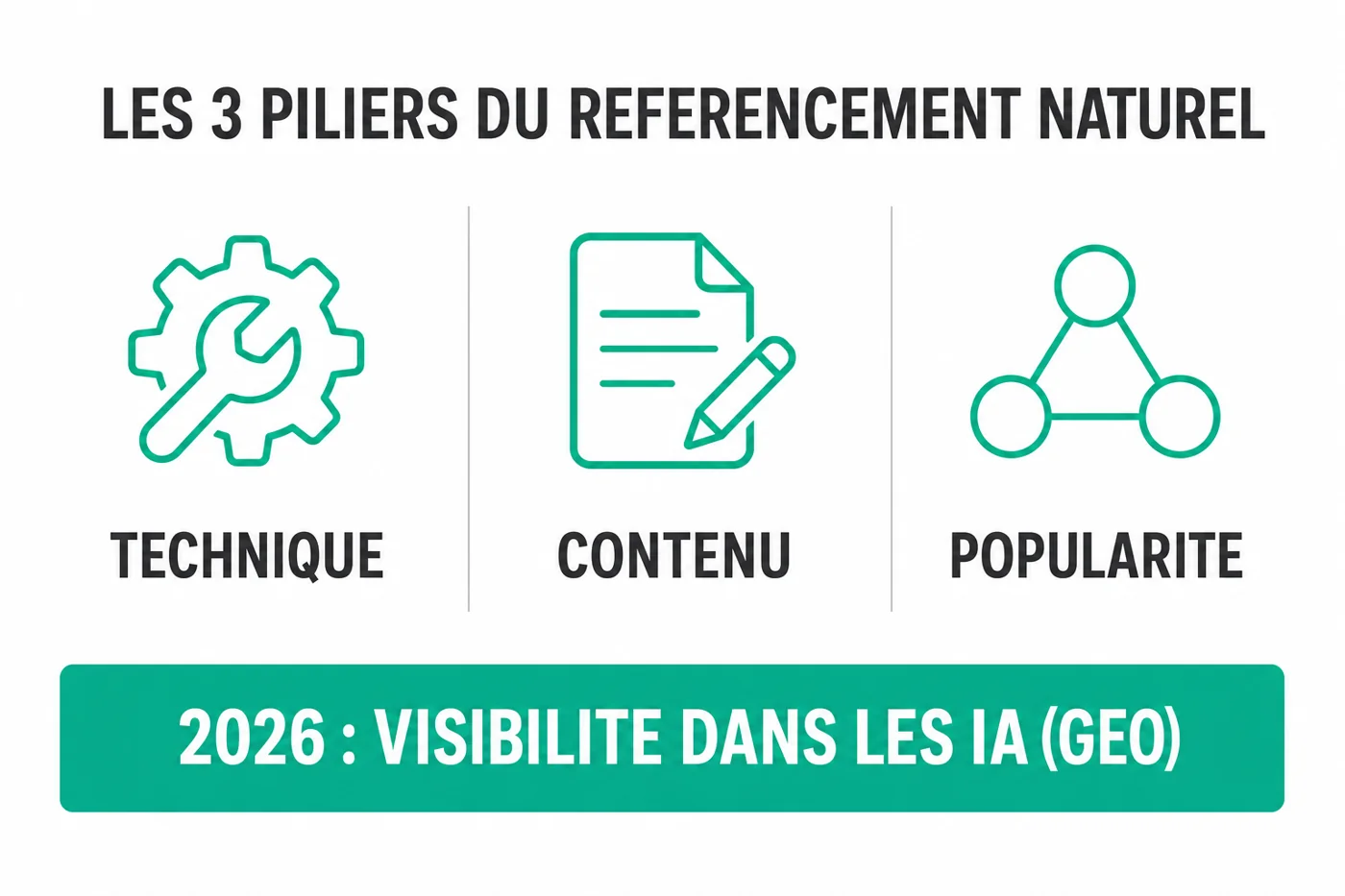 Les 3 piliers du référencement naturel : technique, contenu, popularité, et la visibilité dans les IA en 2026